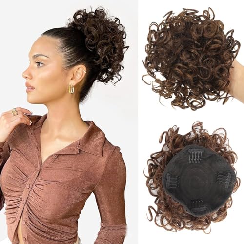 Haarteile und Extensions mit natürlichem Look, Haarteil mit Kordelzug und unordentlichem Dutt for Damen,Clip-In-Pferdeschwanz-Extensions aus Echthaar(Brown red) von Glamour Haven