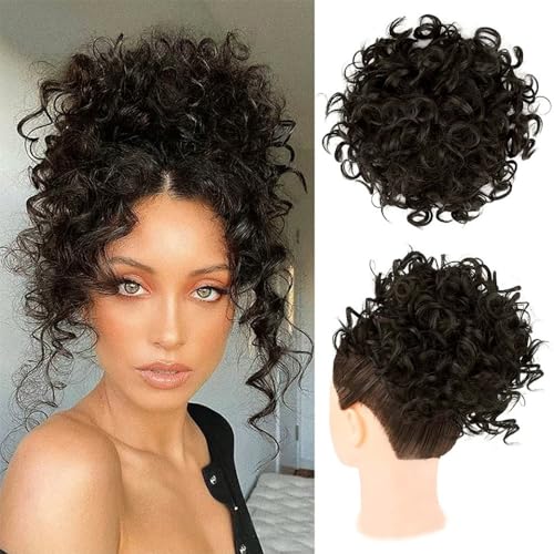 Haarteile und Extensions mit natürlichem Look, Haarteil mit Kordelzug und unordentlichem Dutt for Damen,Clip-In-Pferdeschwanz-Extensions aus Echthaar(Light black) von Glamour Haven