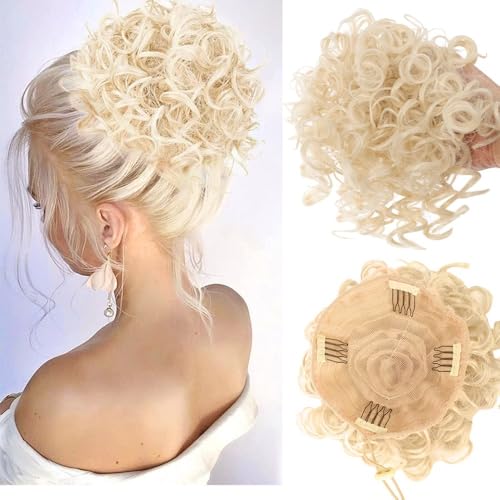 Haarteile und Extensions mit natürlichem Look, Haarteil mit Kordelzug und unordentlichem Dutt for Damen,Clip-In-Pferdeschwanz-Extensions aus Echthaar(Light gold) von Solunovia