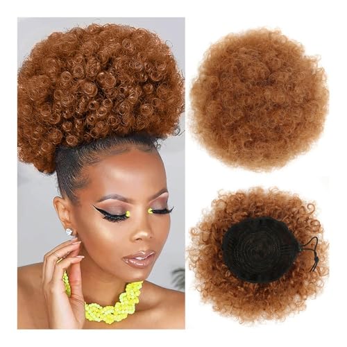 Haarteile und Extensions mit natürlichem Look, Kurzes Afro-Puff-Curly-Chignon-Haarteil for blonde Frauen – Kinky Updo-Pferdeschwanz,Clip-In-Pferdeschwanz-Extensions aus Echthaar(Brownish yellow) von Glamour Haven