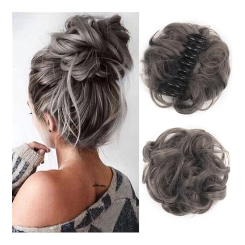 Haarteile und Extensions mit natürlichem Look, Messy Bun Clip-in Lockiges Haarteil – Einfache Partyfrisur for Frauen,Clip-In-Pferdeschwanz-Extensions aus Echthaar(Gray) von Glamour Haven