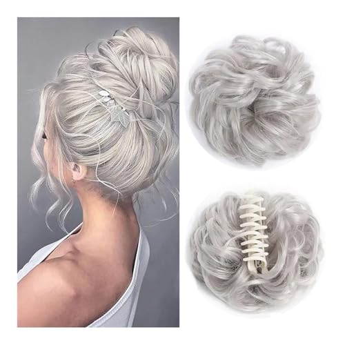 Haarteile und Extensions mit natürlichem Look, Messy Bun Clip-in Lockiges Haarteil – Einfache Partyfrisur for Frauen,Clip-In-Pferdeschwanz-Extensions aus Echthaar(Silver) von Glamour Haven