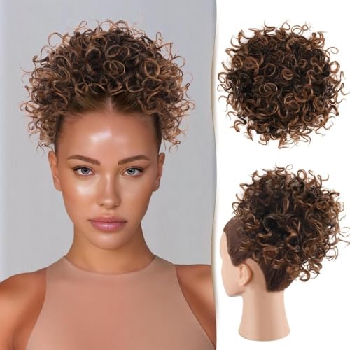 Haarteile und Extensions mit natürlichem Look, Messy Bun Haarteil for schwarze Frauen – Lockiger Pferdeschwanz mit Kordelzug, locker gewellter 80 g zerzauster Kunsthaarknoten,Clip-In-Pferdeschwanz-Ex von Glamour Haven