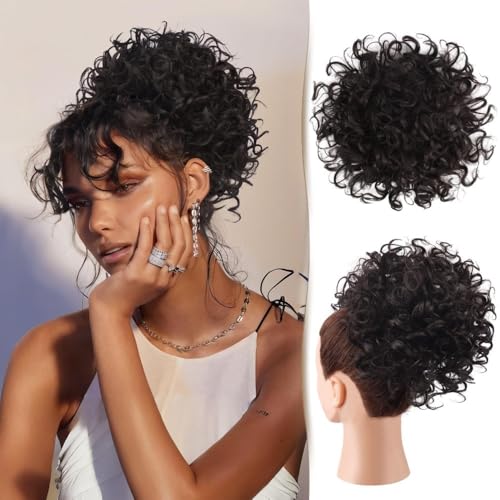 Haarteile und Extensions mit natürlichem Look, Messy Bun Haarteil for schwarze Frauen – Lockiger Pferdeschwanz mit Kordelzug, locker gewellter 80 g zerzauster Kunsthaarknoten,Clip-In-Pferdeschwanz-Ex von Glamour Haven