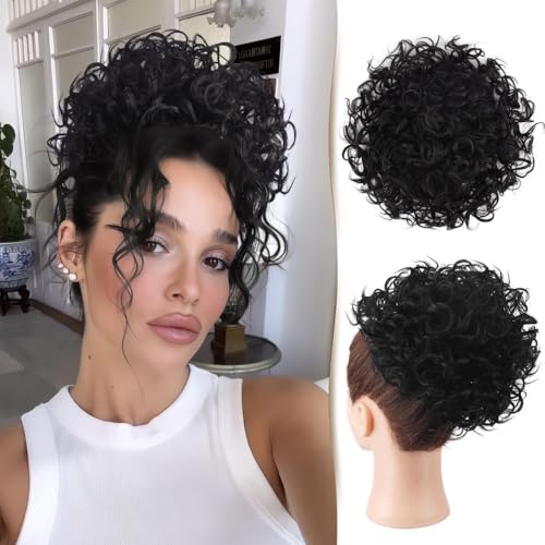 Haarteile und Extensions mit natürlichem Look, Messy Bun Haarteil for schwarze Frauen – Lockiger Pferdeschwanz mit Kordelzug, locker gewellter 80 g zerzauster Kunsthaarknoten,Clip-In-Pferdeschwanz-Ex von Glamour Haven