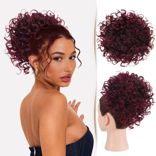 Haarteile und Extensions mit natürlichem Look, Messy Bun Haarteil for schwarze Frauen – Lockiger Pferdeschwanz mit Kordelzug, locker gewellter 80 g zerzauster Kunsthaarknoten,Clip-In-Pferdeschwanz-Ex von Glamour Haven