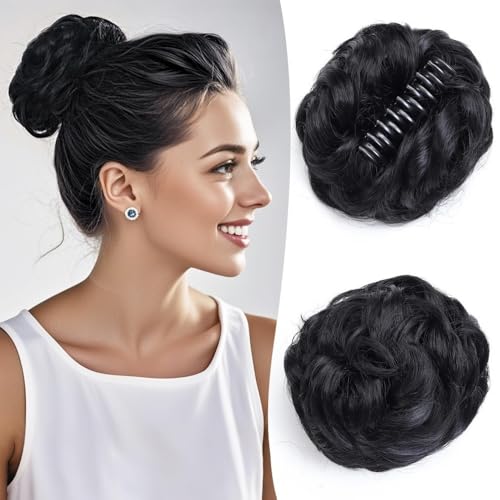 Haarteile und Extensions mit natürlichem Look, Messy Bun Haarteil – gewellte Klammer – synthetische Fake Buns for den Alltag von Frauen,Clip-In-Pferdeschwanz-Extensions aus Echthaar(Black) von Glamour Haven