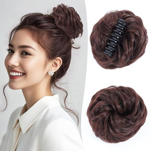 Haarteile und Extensions mit natürlichem Look, Messy Bun Haarteil – gewellte Klammer – synthetische Fake Buns for den Alltag von Frauen,Clip-In-Pferdeschwanz-Extensions aus Echthaar(Brown red) von Glamour Haven