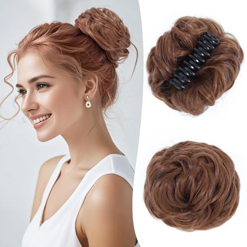 Haarteile und Extensions mit natürlichem Look, Messy Bun Haarteil – gewellte Klammer – synthetische Fake Buns for den Alltag von Frauen,Clip-In-Pferdeschwanz-Extensions aus Echthaar(Brown yellow) von Glamour Haven