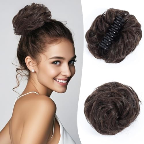 Haarteile und Extensions mit natürlichem Look, Messy Bun Haarteil – gewellte Klammer – synthetische Fake Buns for den Alltag von Frauen,Clip-In-Pferdeschwanz-Extensions aus Echthaar(Dark brown) von Glamour Haven
