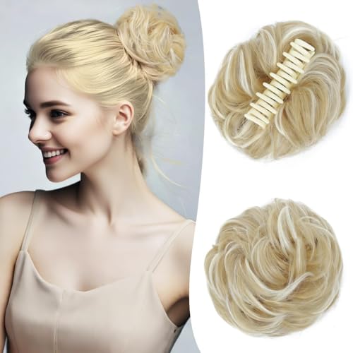 Haarteile und Extensions mit natürlichem Look, Messy Bun Haarteil – gewellte Klammer – synthetische Fake Buns for den Alltag von Frauen,Clip-In-Pferdeschwanz-Extensions aus Echthaar(Gold and white va Haarteile und Extensions mit natürlichem Look, Messy Bun Haarteil – gewellte Klammer – synthetische Fake Buns for den Alltag von Frauen,Clip-In-Pferdeschwanz-Extensions aus Echthaar(Gold and white va von Glamour Haven