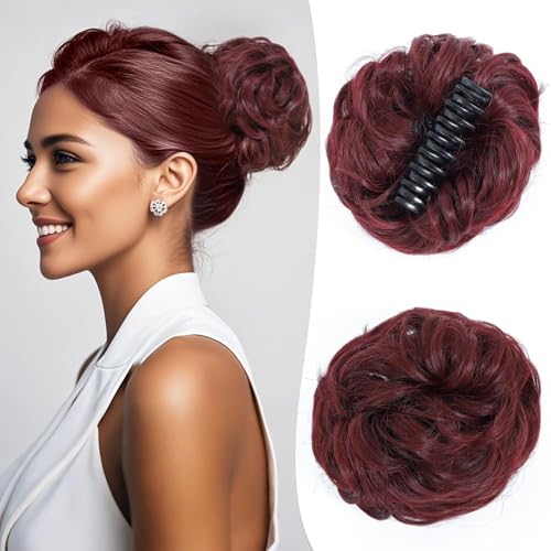Haarteile und Extensions mit natürlichem Look, Messy Bun Haarteil – gewellte Klammer – synthetische Fake Buns for den Alltag von Frauen,Clip-In-Pferdeschwanz-Extensions aus Echthaar(Wine red) von Glamour Haven