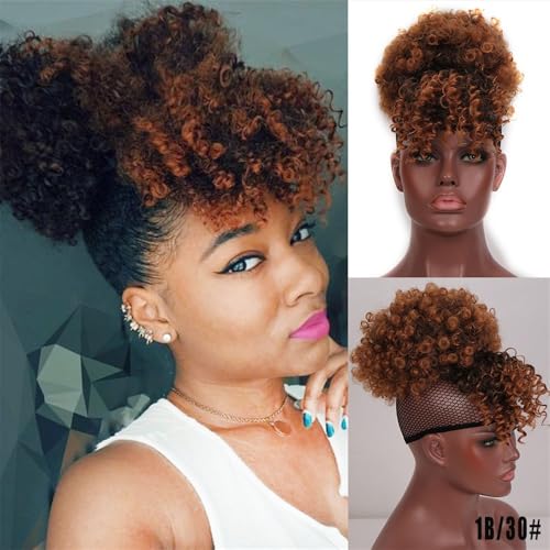 Haarteile und Extensions mit natürlichem Look, Synthetischer Afro-Haarknoten mit Pony und Kordelzug for schwarze Frauen,Clip-In-Pferdeschwanz-Extensions aus Echthaar(Brownish yellow) von Glamour Haven
