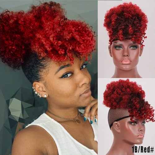 Haarteile und Extensions mit natürlichem Look, Synthetischer Afro-Haarknoten mit Pony und Kordelzug for schwarze Frauen,Clip-In-Pferdeschwanz-Extensions aus Echthaar(Red) von Glamour Haven