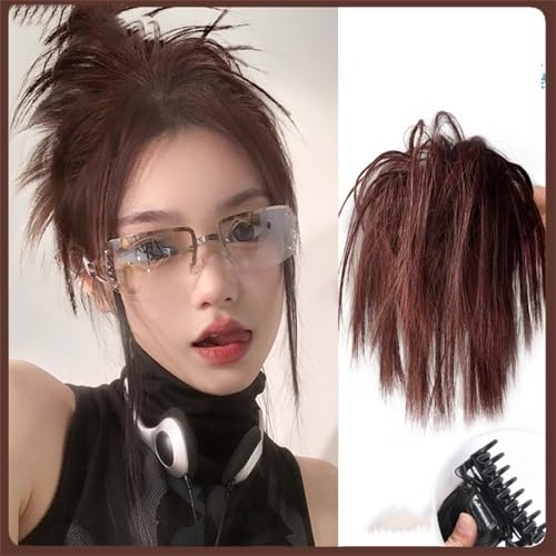 Haarteile und Extensions mit natürlichem Look, Synthetisches Haarteil for Damen, unordentlicher Haarknoten, zerzaust, mit Gummiband for schnelle Hochsteckfrisuren,Clip-In-Pferdeschwanz-Extensions aus von Glamour Haven