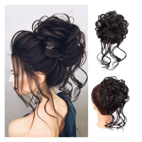 Haarteile und Extensions mit natürlichem Look, Synthetisches Messy Bun-Haarteil for Frauen, gewellte, lockige Chignon-Pferdeschwanz-Haargummis,Clip-In-Pferdeschwanz-Extensions aus Echthaar(Black brow von Glamour Haven