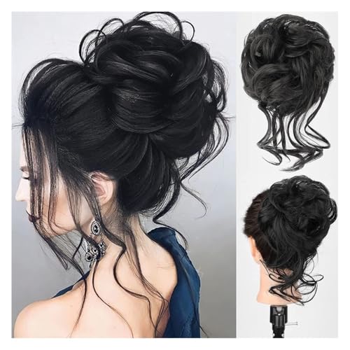 Haarteile und Extensions mit natürlichem Look, Synthetisches Messy Bun-Haarteil for Frauen, gewellte, lockige Chignon-Pferdeschwanz-Haargummis,Clip-In-Pferdeschwanz-Extensions aus Echthaar(Dark black von Glamour Haven