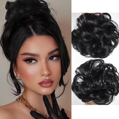 Haarteile und Extensions mit natürlichem Look, Unordentliche, lockige Haarknoten-Extensions – elastische Haargummis, Chignon for Frauen,Clip-In-Pferdeschwanz-Extensions aus Echthaar(Black) von Glamour Haven