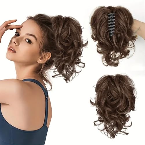 Natürlich aussehende Pferdeschwanzverlängerung, Clip-in-Pferdeschwanz-Perücke for Damen, kurzes, flauschiges, lockiges Kunsthaar, Dicke und natürlich aussehende Haarverlängerunge(Sprinkled with red) von Solunovia