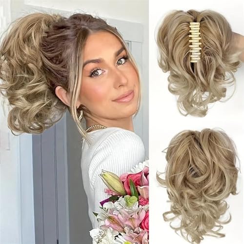 Natürlich aussehende Pferdeschwanzverlängerung, Clip-in-Pferdeschwanz-Perücke for Damen, kurzes, flauschiges, lockiges Kunsthaar, Dicke und natürlich aussehende Haarverlängerunge(Yellow) von Glamour Haven