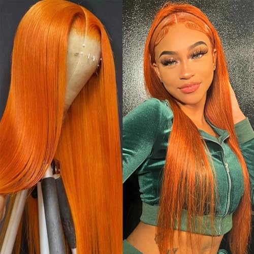 Premium Echthaarperücke, 200 Dichte Orange HD Transparent Ingwer Gerade Spitze 13x4 Front Menschliches Haar 13x6 Spitze Frontal Perücke Brasilianisches Haar for Frauen, Natürliches Aussehen und angen von Glamour Haven