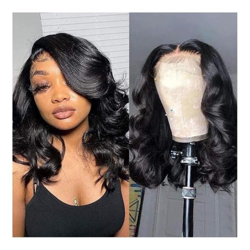 Premium Echthaarperücke, Kurze schwarze Lace-Front-Perücken, vorgezupfter Haaransatz, gewelltes Haar, leimlose synthetische Lace-Frontal-Perücken for modische Frauen, Natürliches Aussehen und angeneh von Glamour Haven