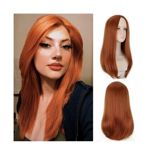 Premium Echthaarperücke, Lange orangefarbene Perücke for Frauen, orangefarbene Mittelteil-Perücke mit glattem Haar, natürliche hitzebeständige Kunstfaser-Perücke for den täglichen Party-Cosplay-Gebrau von Glamour Haven