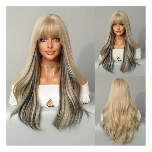Premium Echthaarperücke, Neue Mode Perücke Frauen Lange Lockige Haar Kopf Set Europäischen Und Amerikanischen Stil Pony Gefärbt Haar Große Welle Haar set, Natürliches Aussehen und angenehmes Tragegef von Glamour Haven