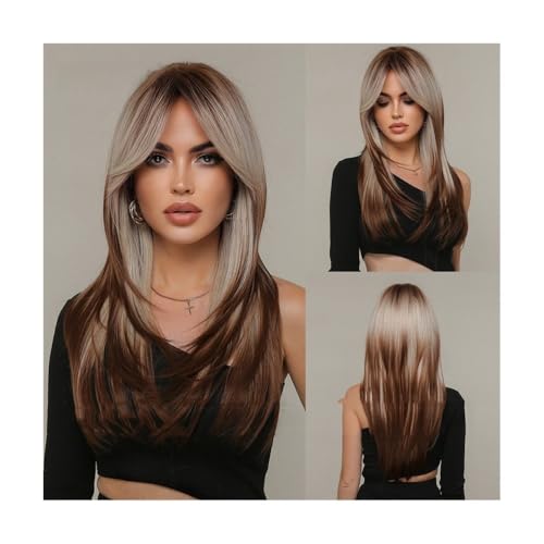 Premium Echthaarperücke, Perücke Damen Mid-Character Bangs Gradient Dye Brown Langes glattes Haar Full Hood Perücke Perücke, Natürliches Aussehen und angenehmes Tragegefühl von Glamour Haven
