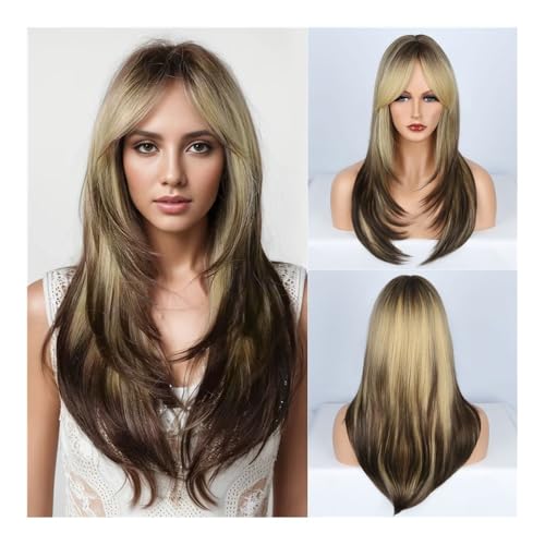 Premium Echthaarperücke, Perückenset Damen Langes lockiges Haar Air Bangs Mode Große Welle Flauschige Simulation Echthaar Vollkopfbedeckung, Natürliches Aussehen und angenehmes Tragegefühl von Glamour Haven