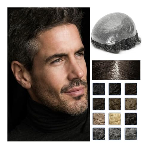 Realistischer, natürlich aussehender Echthaar-Perü Vorne 0,06mm Knoten Haut Pu Basis Toupet Männer Echthaar Haarteile Langlebige Knoten PU Ersatz System Echthaar toupet(Off Black,8x10) von Glamour Haven