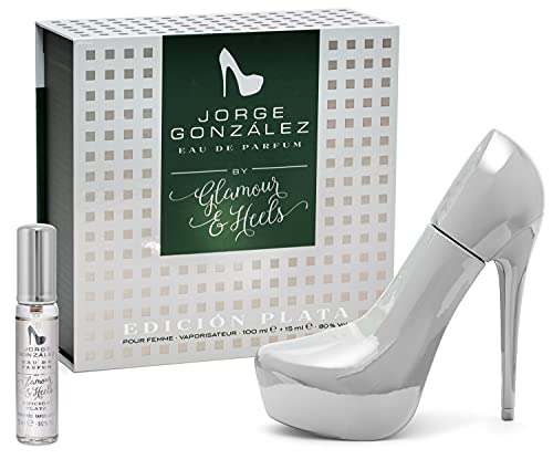 Jorge González EDICIÓN PLATA 100 + 15ml | Eau de Parfum, Damenduft, Duft für Frauen, sinnlicher Mix aus Vanille, Jasmin, Pink Pepper & Kaffee, luxuriöser High Heel Flakon in Silber Jorge González EDICIÓN PLATA 100 + 15ml | Eau de Parfum, Damenduft, Duft für Frauen, sinnlicher Mix aus Vanille, Jasmin, Pink Pepper & Kaffee, luxuriöser High Heel Flakon in Silber von Glamour & Heels