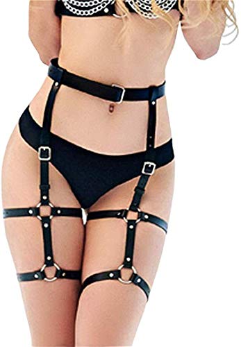 GlamourGarden Women’s Body Harness, (Polyurethane) PU Leather Punk Garter Belt, Black, Leg Caged Straps, Cinch Belt von GlamourGarden