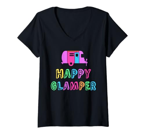Damen Happy Glamper Glamping Camping Glampy Squad für Mädchen T-Shirt mit V-Ausschnitt Damen Happy Glamper Glamping Camping Glampy Squad für Mädchen T-Shirt mit V-Ausschnitt von Glamping Queen Campsite Team Campground Cousins
