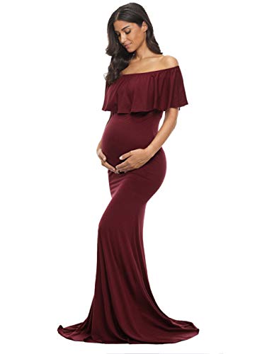 Glampunch Damen Schulterfreies Umstandskleid Rüschen Elegant Slim Kleider Fit Maxi Fotografie Kleid - Rot - X-Groß von Glampunch