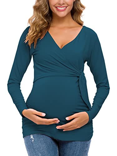 Glampunch Damen Umstandsshirts Kurzarm & Langarm Tie Front Wrap Umstandstop, 19-Pfauenblau, Groß von Glampunch