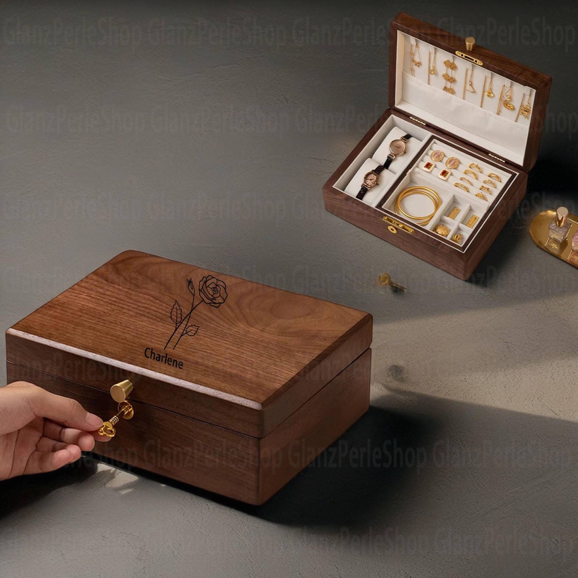stackable Jewelry Tray Organizer Large Wooden Box With Lock, Compartments & Custom Engraved Birth Flower Personalized Gift For Women stackable Jewelry Tray Organizer Large Wooden Box With Lock, Compartments & Custom Engraved Birth Flower Personalized Gift For Women von GlanzPerleShop