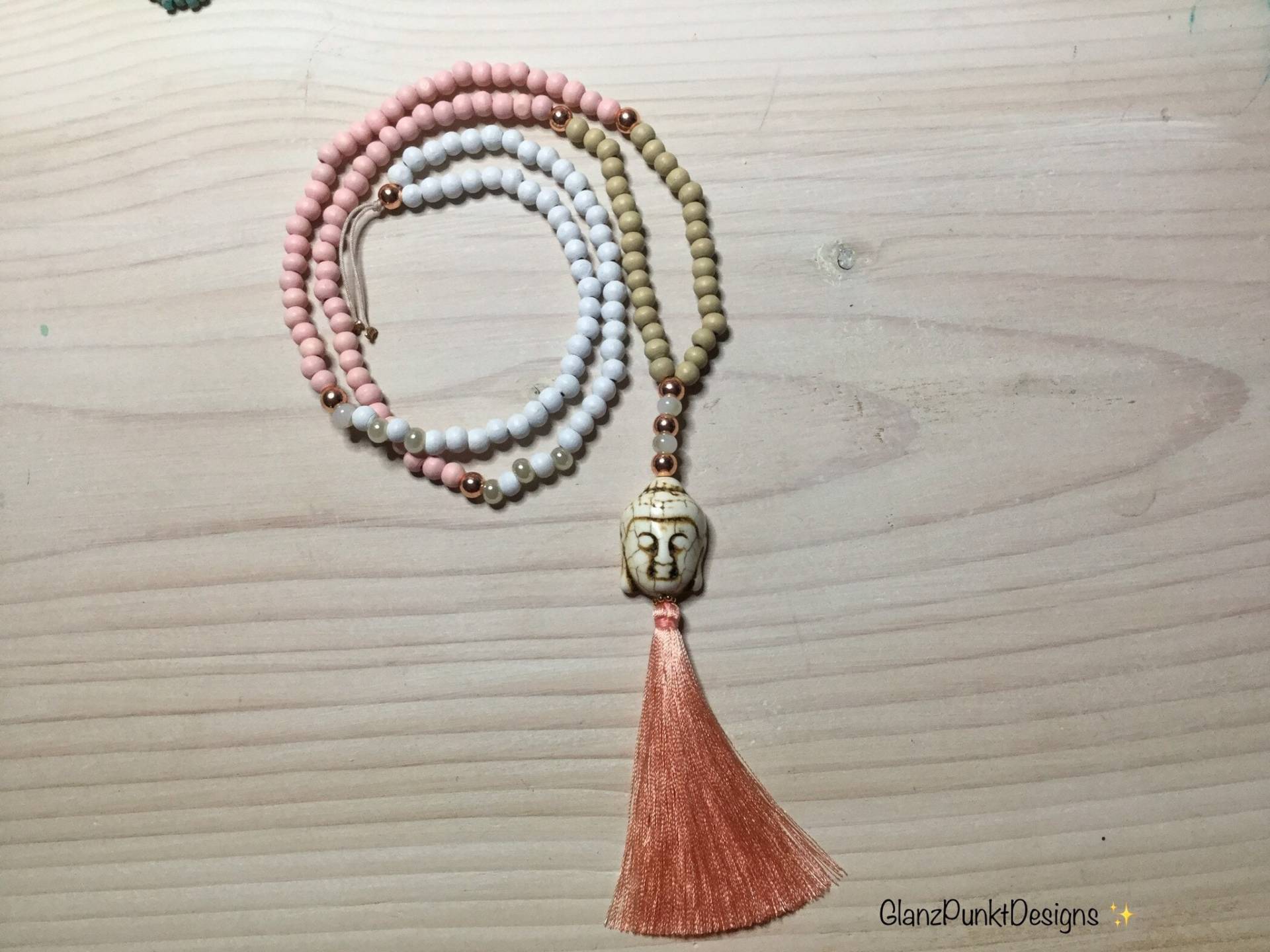 Mala Buddha Hippie Kette Lang Rosé/Beige Mala Buddha Hippie Kette Lang Rosé/Beige von GlanzPunktDesigns