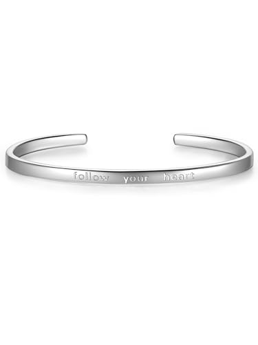 Glanzstücke München Damen-Armreif Sterling Silber rhodiniert 14 cm flexibel einstellbar mit Textnachricht"Follow your heart" - Bangle in Silberfarben/Silber-Armband von GLANZSTÜCKE MÜNCHEN