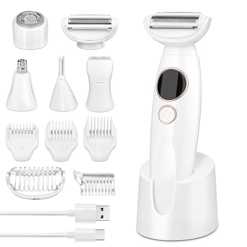 GlasFlength Elektrischer Rasierer Damen, 5-in-1 Damenrasierer Elektrisch Nass und Trockengebrauch Trimmer Damen IPX5 Wasserdicht USB Aufladung Haartrimmer Intimbereich für Gesicht Achseln Bikinizone von GlasFlength