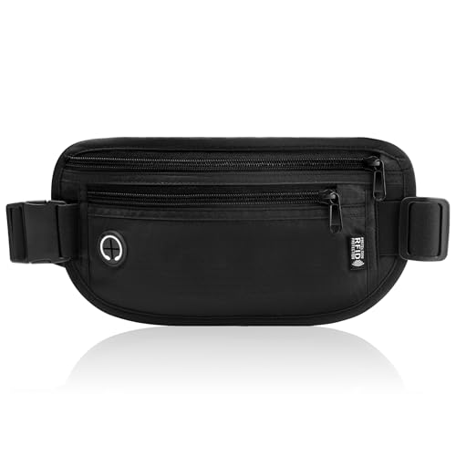 GlasFlength Flache Bauchtasche mit RFID Blocker, Diebstahlsicher Geldgürtel für Damen und Herren wasserdichte Tasche für Reisepass Diebstahlsichere Gürteltasche für Reise Sport (Schwarz) von GlasFlength