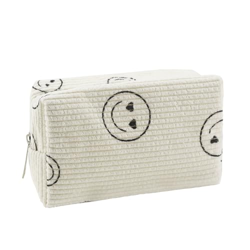 GlasFlength Kosmetiktasche Cord, Make Up Tasche Schminktasche Kulturtasche Damen Groß Kapazität Lächeln Cosmetic Bag Portable Multifunktionaler Makeup Bag mit Metall Reißverschluss für Reisen (Beige) von GlasFlength