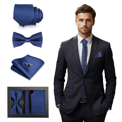 GlasFlength Krawatte mit Einstecktuch Set 4-Teiliges, Fliege mit Manschettenknöpfe für Männer Einfarbige Verstellbare Fliegen Polyester Krawatten mit Geschenkbox für Hochzeit Party (Blau) von GlasFlength