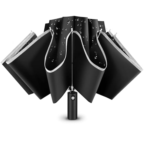 GlasFlength Regenschirm Sturmfest Groß, 105cm Nach Innen Klappbarer Schirm 10 Rippen Taschenschirm Automatik Reflexstreifen Regenschirme Umbrella Windproof Kompakter Regenschirme Herren Damen, Schwarz von GlasFlength