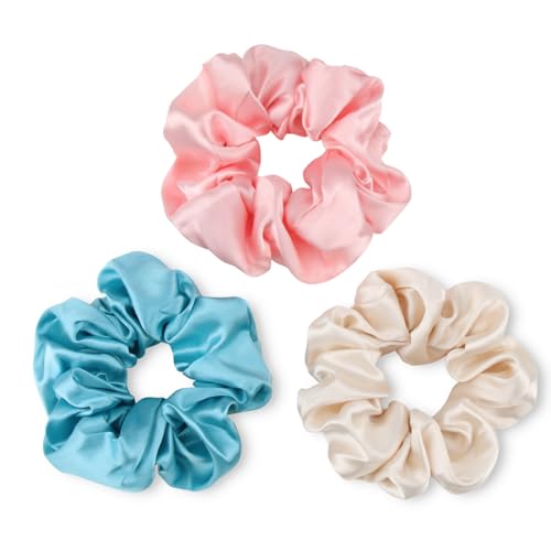 GlasFlength Seide Haargummi Silk Scrunchies, 3 Stück Seide Haarringe Mädchen Weiche Elastische Starker Halt Satin Scrunchies für Damen Frauen Haarschmuck (Rosa + Himmelblau + Champagner) von GlasFlength