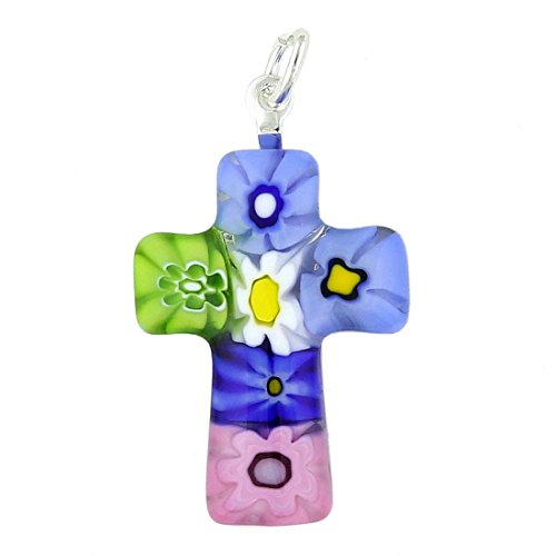 Glass Of Venice Halskette mit Millefiori-Kreuz-Anhänger aus Muranoglas für Damen. 1" mehrfarbiges Glaskreuz mit versilberter Öse - Muranoglas-Schmuckgeschenke, handgefertigt in Italien von Glass Of Venice