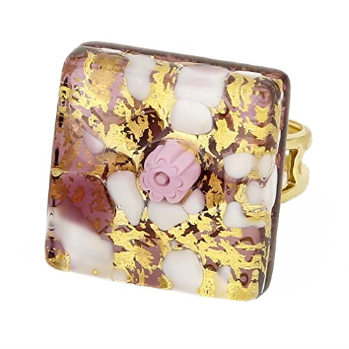 Glass Of Venice Quadratischer Verstellbarer Ring mit venezianischen Reflexionen - Lila Gold von Glass Of Venice