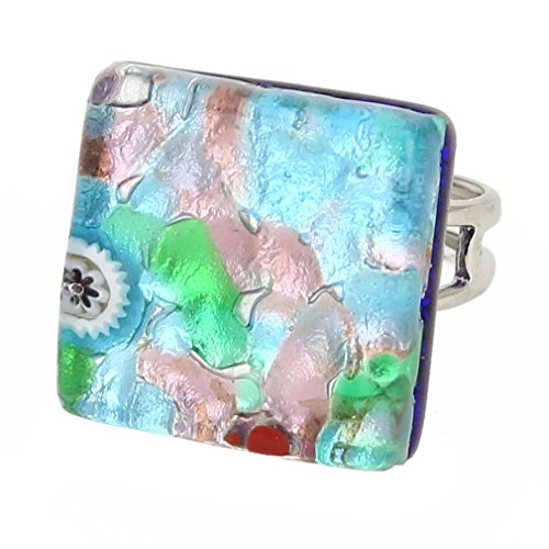 Glass Of Venice Quadratischer Verstellbarer Ring mit venezianischen Reflexionen - Silberwiese von Glass Of Venice