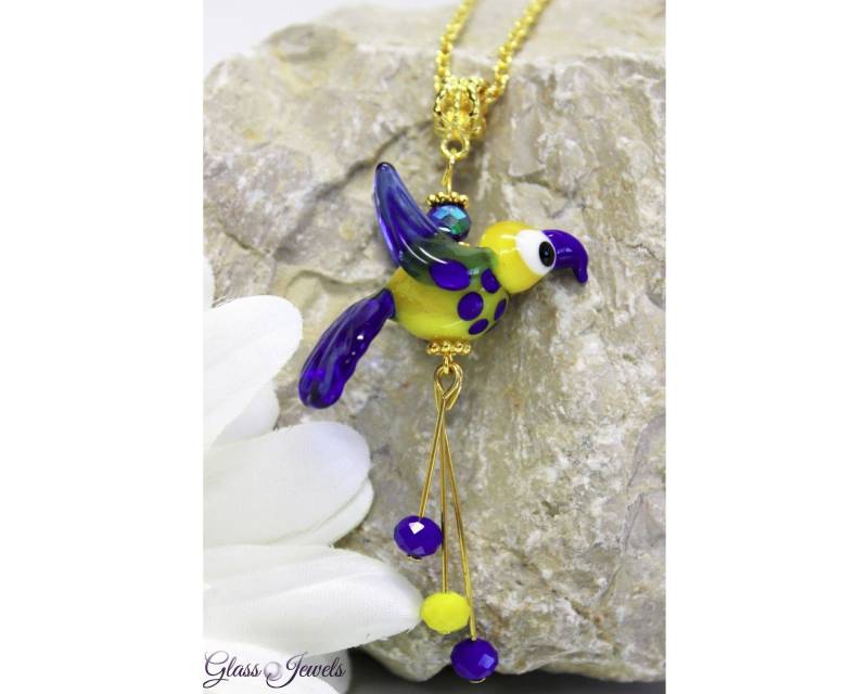 Anhänger Kette Papagei Paradiesvogel Perlen Lampwork #b038 von GlassJewelsDE