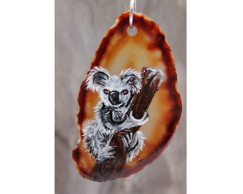Anhänger Koala Kette Achat Braun Edelstein Handbemalt Damen #mc078 von GlassJewelsDE